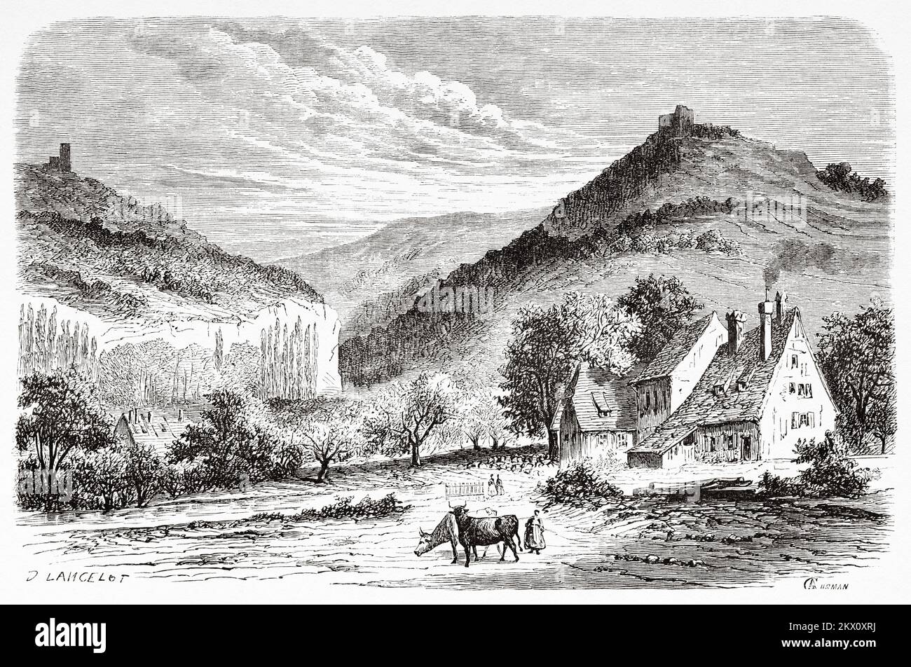Ländliche Landschaft im Dorf Saverne, Frankreich. Von Paris nach Bukarest mit Victor Duruy 1860 Stockfoto