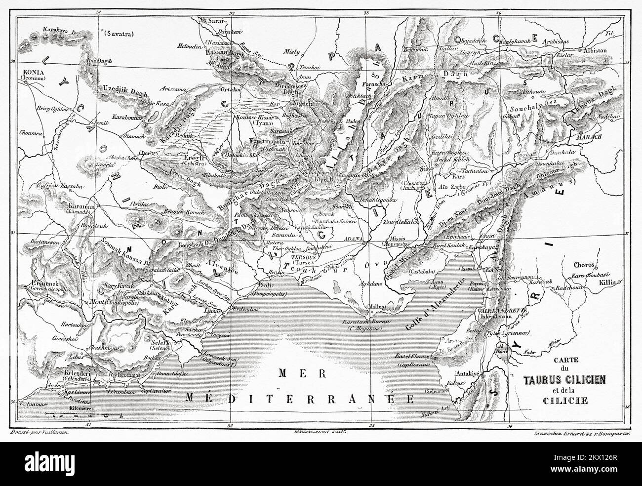 Alte Karte von Cilician Taurus und Cilicia, Südanatolien, Türkei. Reise in Cilicia und Taurusgebirge im Jahr 1852-1853 von Victor Langlois Stockfoto