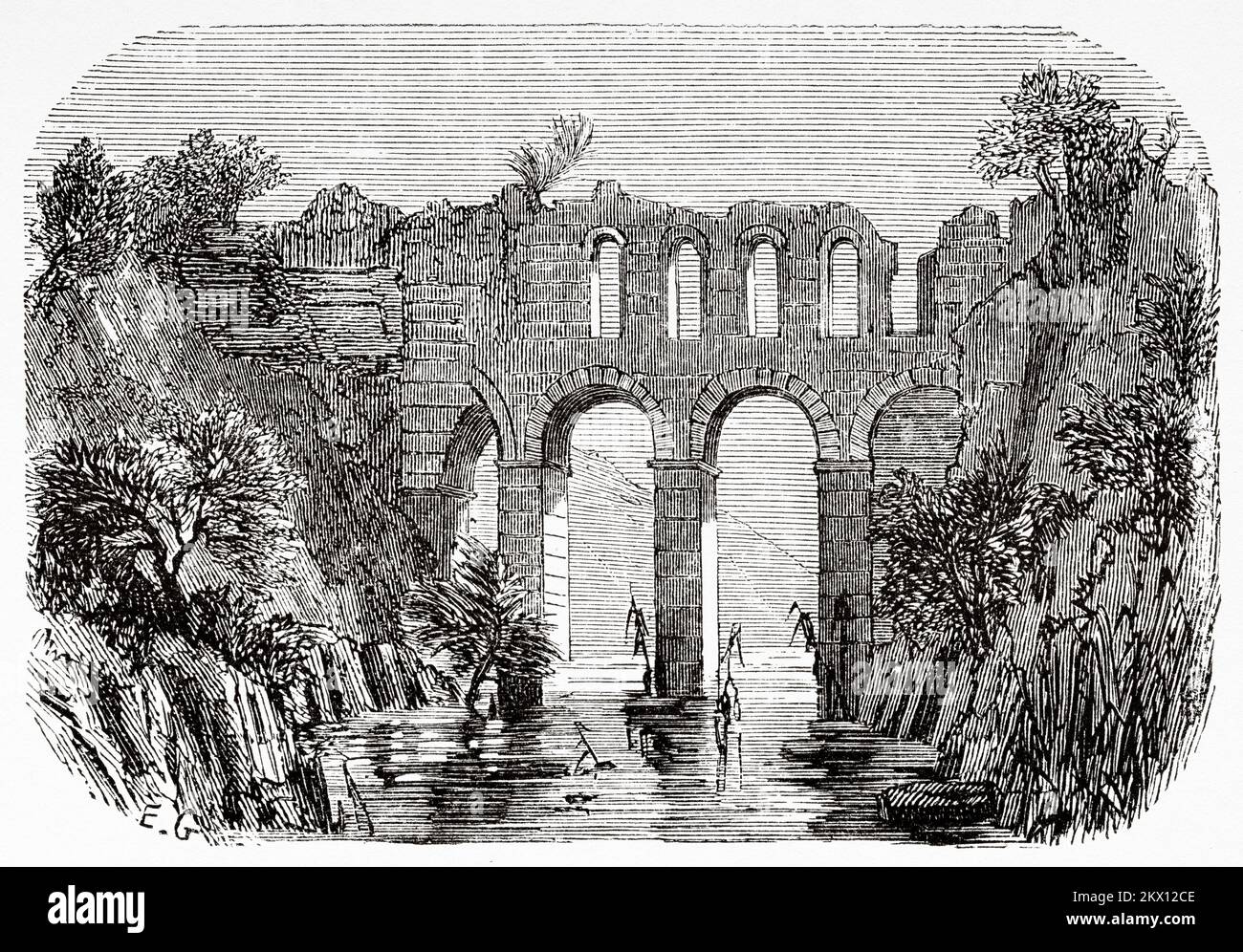 Lamas Aquädukt. Römisches Aquädukt in der Provinz Mersin, Südanatolien, Türkei. Reise in Cilicia und Taurusgebirge im Jahr 1852-1853 von Victor Langlois Stockfoto