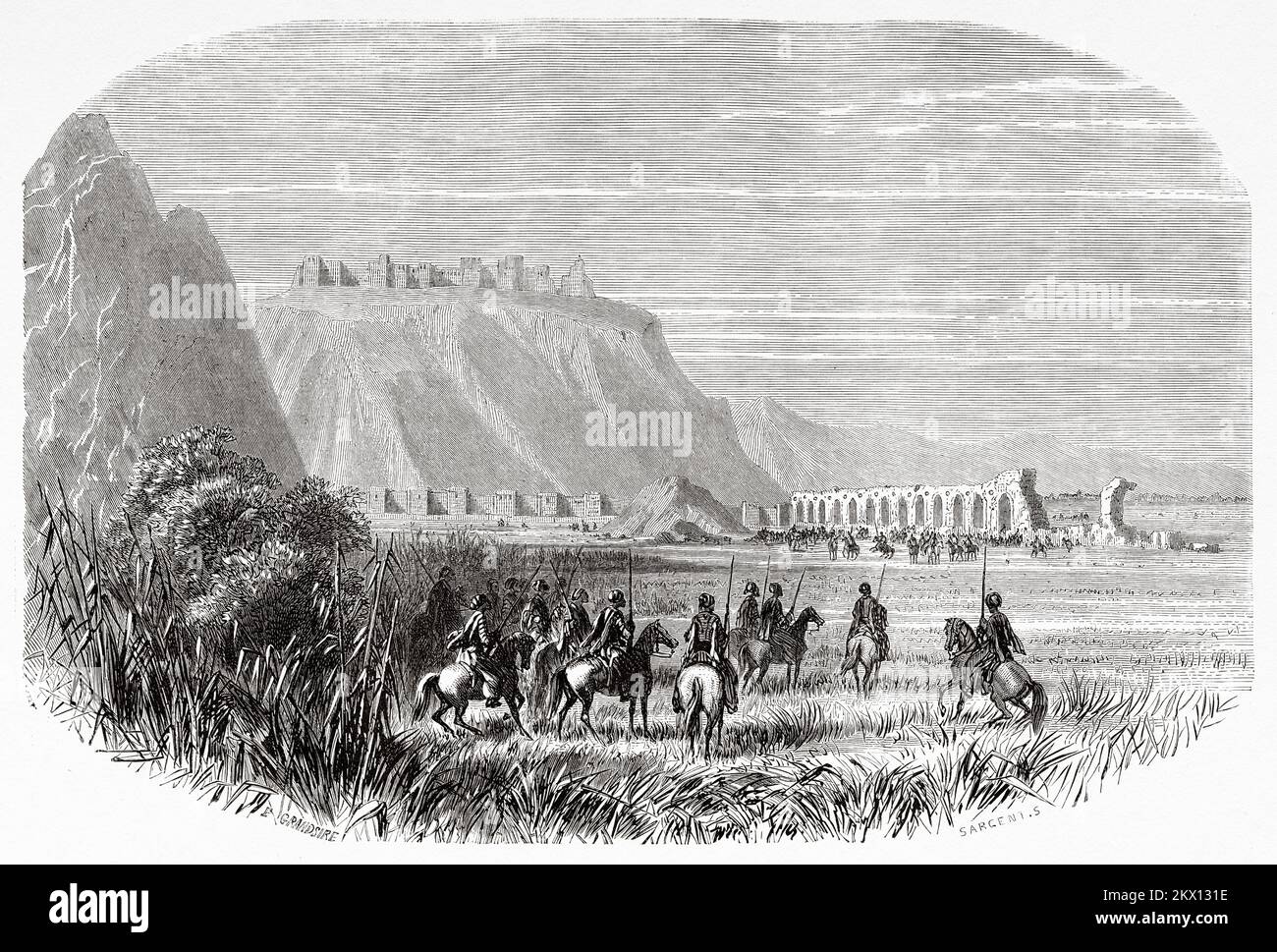 Alte Aussicht auf das Aquädukt von Anazarbus und das Schloss Anavarza, Südanatolien, Türkei. Reise in Cilicia und Taurusgebirge im Jahr 1852-1853 von Victor Langlois Stockfoto