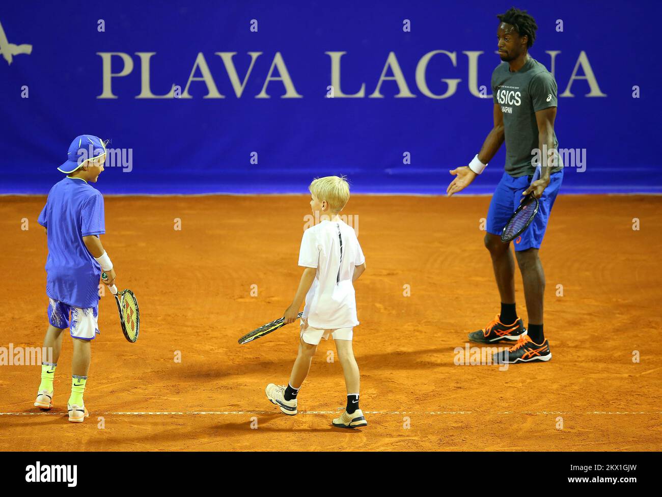 15.07.2017., Umag - 28. Blue Lagoon Croatia Open Umag Tennis Turnier. Ausstellungsspiel bei Paaren. Gael Monfils und Borna Coric gegen Ivan Dodig und David Goffin. Foto: Jurica Galoic/PIXSELL Stockfoto