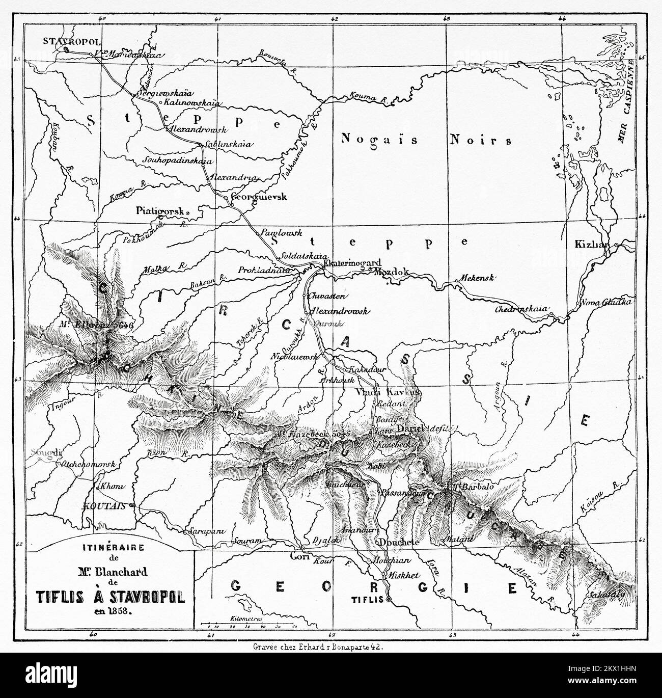 Karte von Blanchards Route von Tiflis nach Stavropol 1858. Reise von Tiflis in Stavropol zur Dariali-Schlucht, 1858 m von Blanchard Stockfoto