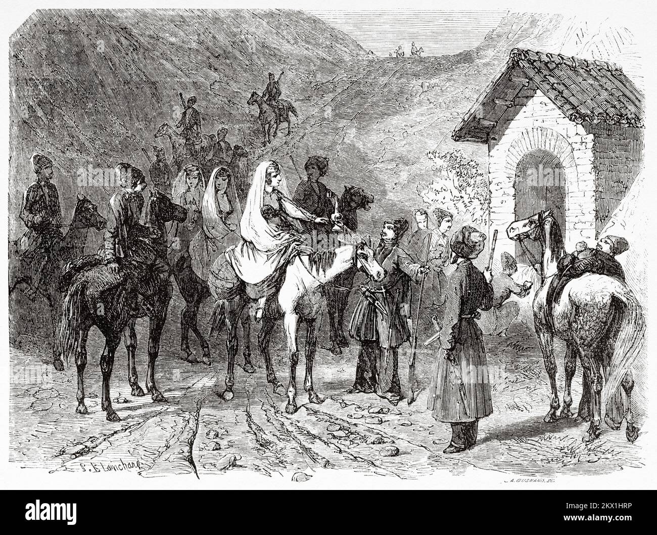 Die georgische Familie hält in der Nähe eines Brunnens, Georgia. Reise von Tiflis in Stavropol zur Dariali-Schlucht, 1858 m von Blanchard Stockfoto