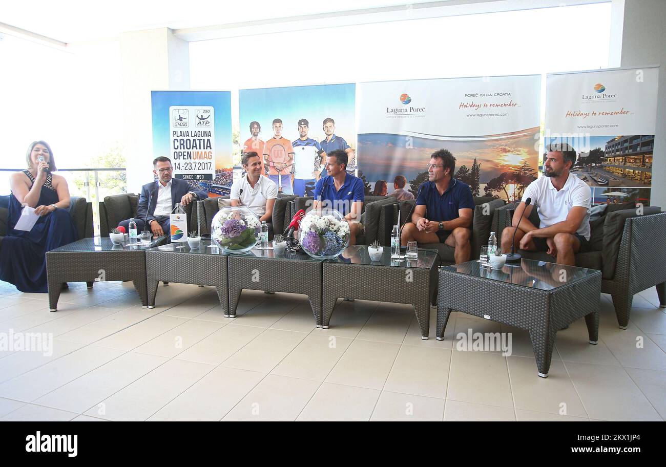 19.07.2017., Kroatien, Porec - 28. Blue Lagoon Kroatien Open Umag Tennis Tournament. Die Pressekonferenz, auf der der Turnier-Regisseur Lorenz Frankopan und der Vorsitzende des Organisationskomitees des Turniers Ronald Korotaj das Ausstellungsspiel der Tennislegende Goran Ivanisevic, Pat Cash und Richard Krajicek bekannt gaben. Foto: Slavko Midzor/PIXSELL Stockfoto