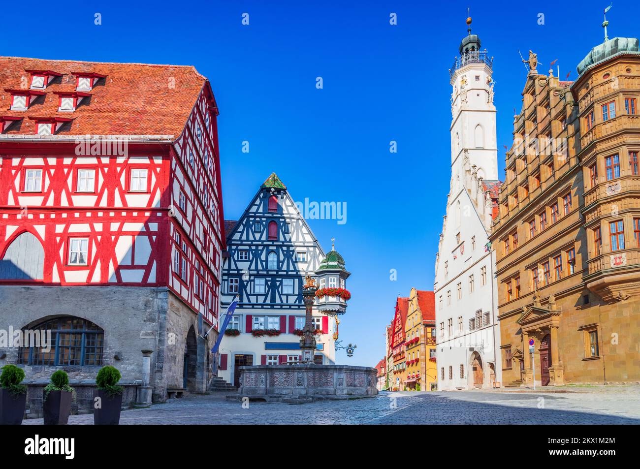 Rothenburg ob der Tauber, Deutschland - charmante Kleinstadt, romantische Straße, Franken, mittelalterliches Bayern. Stockfoto