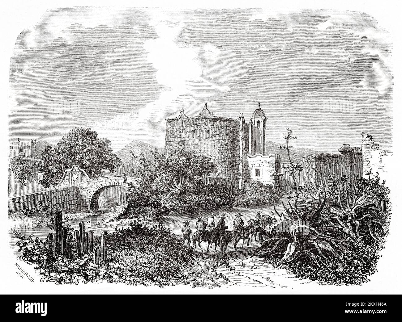 Tor von San Antonio in Mexiko-Stadt. Aufstieg zum Popocatepetl mit Jules Laveiriere 1857 Stockfoto