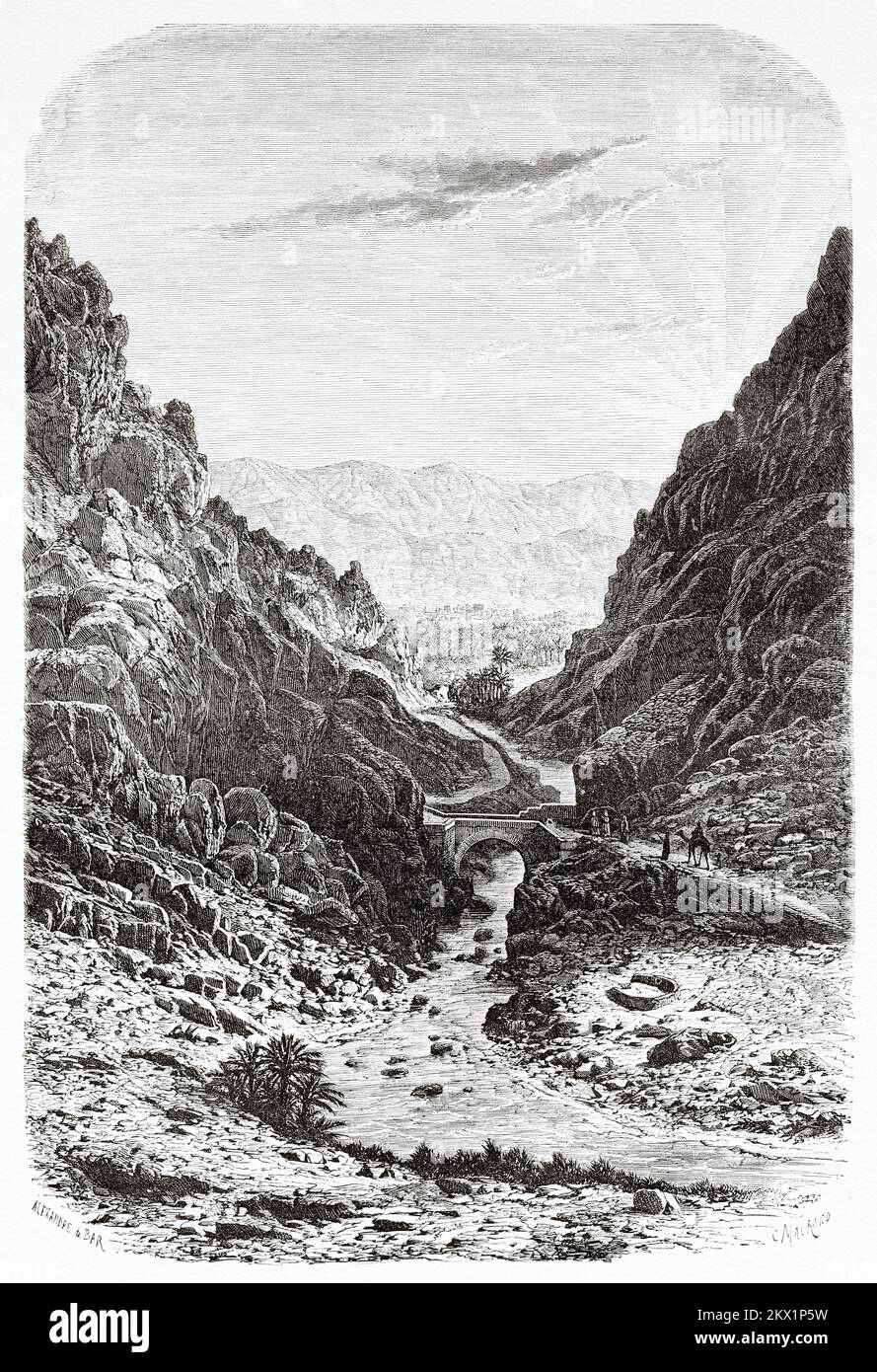 Die Mündung der Wüste. El Kantara Gorge, Provinz Biskra, Algerien. Reise nach Oued Mzab, Algerien mit Henri Duveyrier 1859 Stockfoto