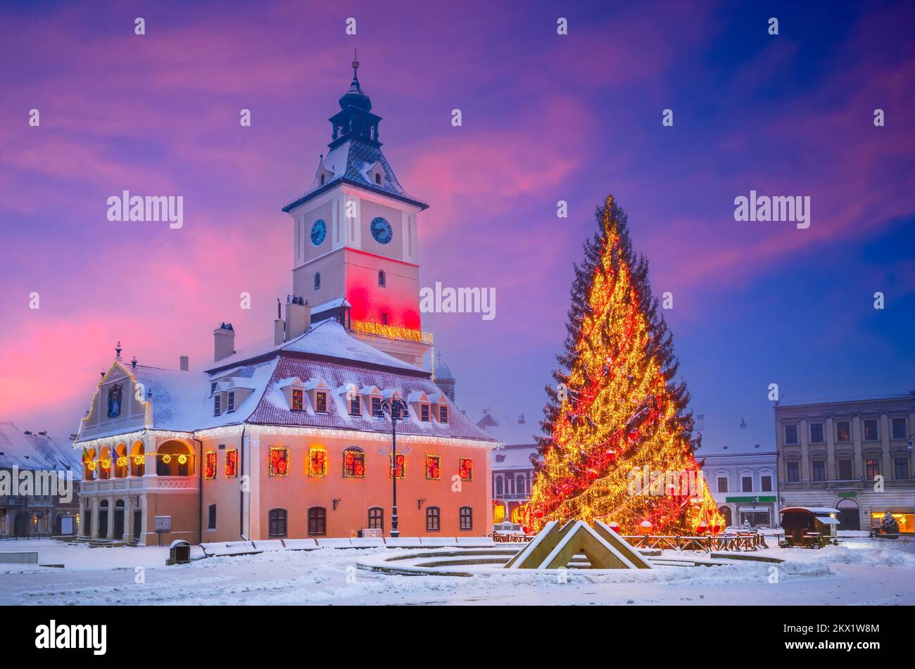 Brasov, Rumänien. Verschneite, gefrorene Winterszene mit Weihnachtsbaum auf dem Hauptplatz in Siebenbürgen. Stockfoto