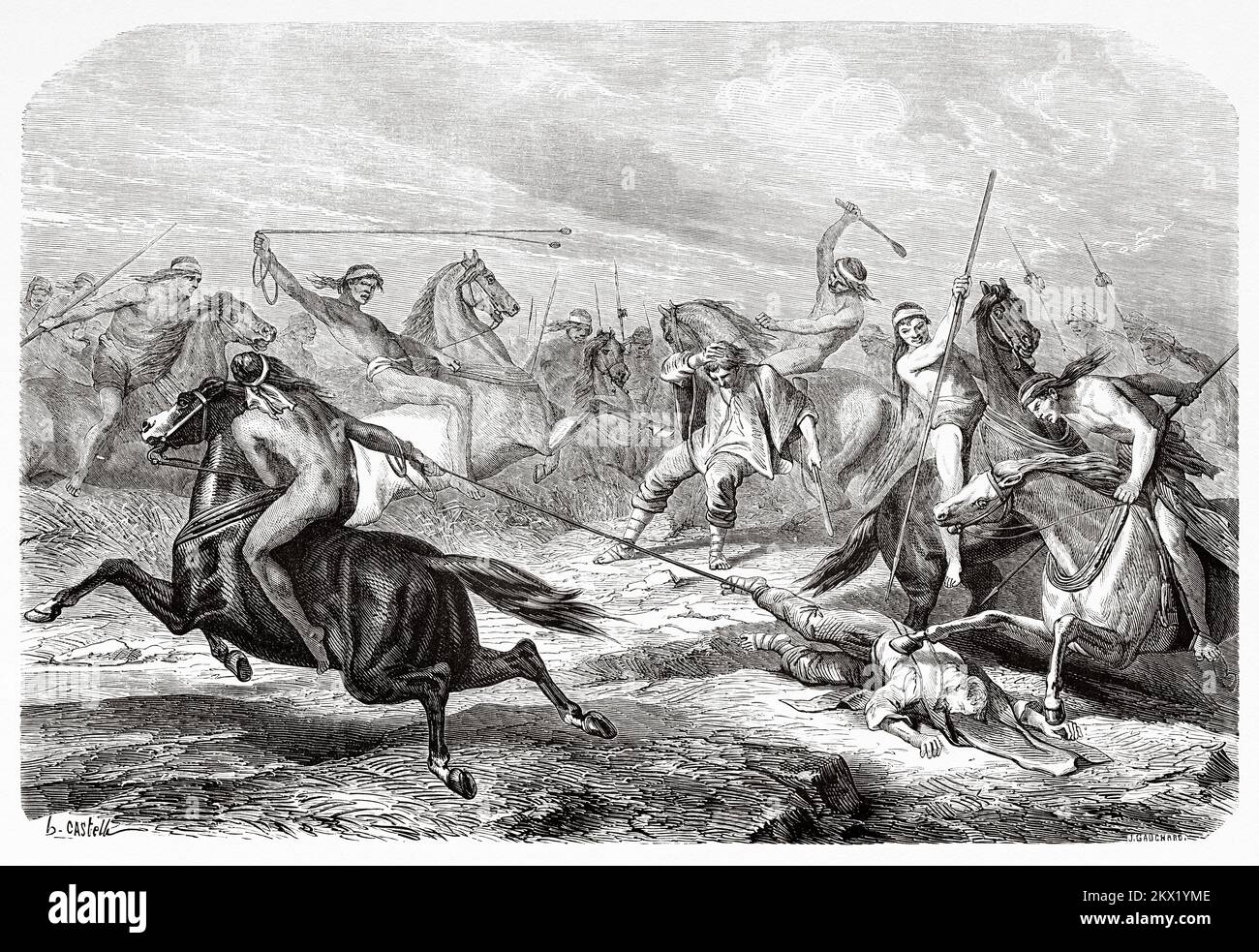 Auguste Guinnard und Gefährtin in Patagonien, angegriffen von Poyuches-Einheimischen. Argentinien, Südamerika. Drei Jahre Gefangenschaft unter den Patagoniern von Auguste Guinnard 1856 Stockfoto