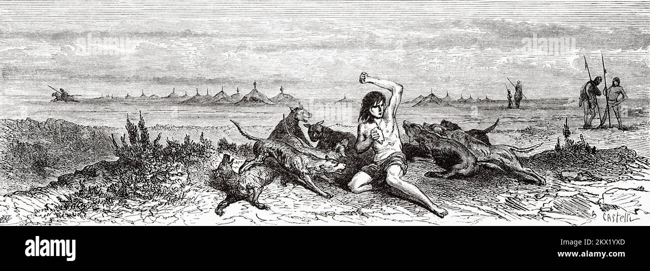 Auguste Guinnard, Gefangener der Eingeborenen in Patagonien, die sich mit Hundefutter streiten. Argentinien, Südamerika. Drei Jahre Gefangenschaft unter den Patagoniern von Auguste Guinnard 1856 Stockfoto