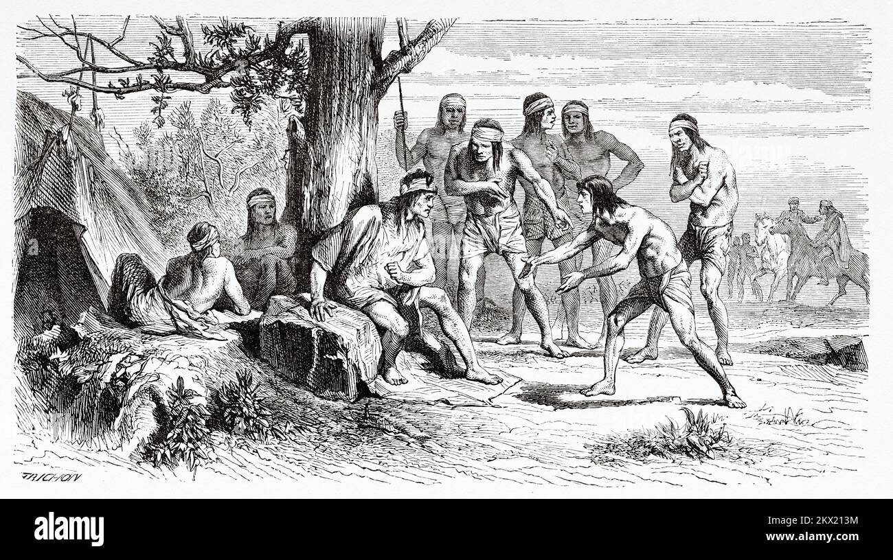 Guinnard kommt und bettelt den Kakao Juan Calfucurá an. Argentinien, Südamerika. Drei Jahre Gefangenschaft unter den Patagoniern von Auguste Guinnard 1856 Stockfoto