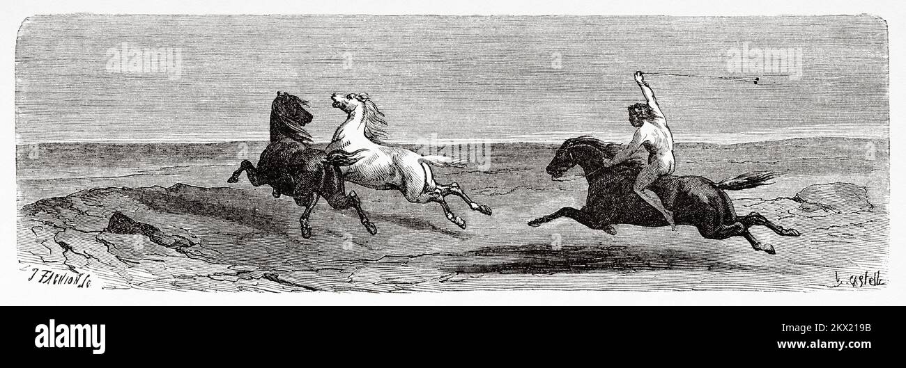 Auguste Guinnard reitet auf einem Pferd und entkommt der Gefangenschaft patagonischer Eingeborener. Argentinien, Südamerika. Drei Jahre Gefangenschaft unter den Patagoniern von Auguste Guinnard 1856 Stockfoto