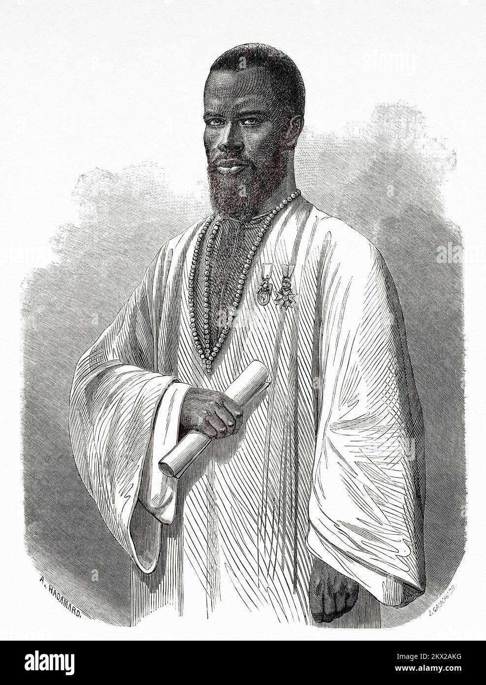 Porträt von Hadji Moktar Bou el Mogdad in traditioneller weißer Kleidung und Kette, Gutachter des Kadiums von Saint-Louis, Senegal Stockfoto