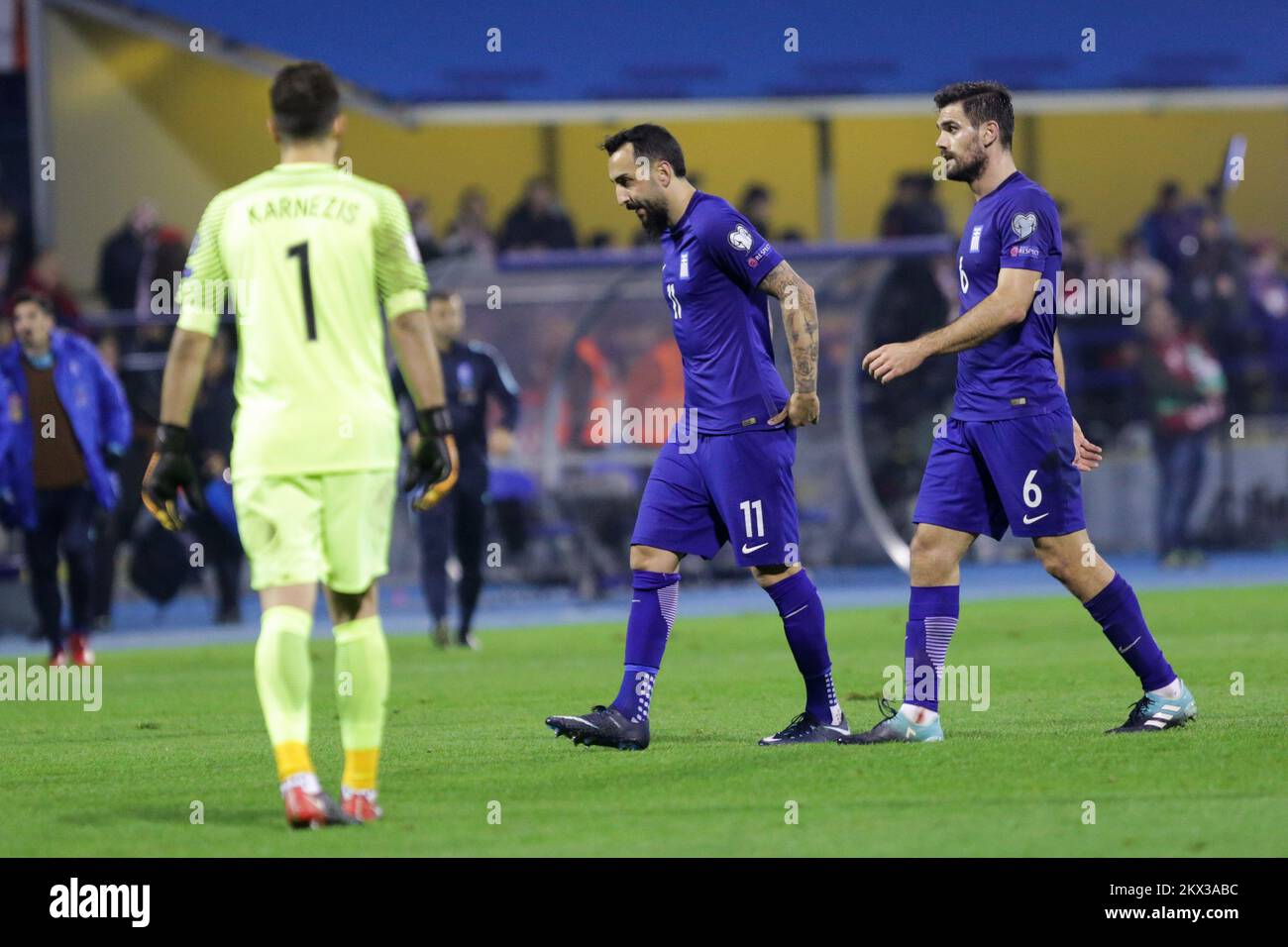 09.11.2017., Zagreb, Kroatien – Europameisterschaft im Maksimir-Stadion: Erste Etappe der FIFA-Weltmeisterschaft 2018 in Russland zwischen Kroatien und Griechenland. Orestis Karnezis, Kostas Mitroglou, Alexandros Tziolis. Foto: Luka Stanzl/PIXSELL Stockfoto