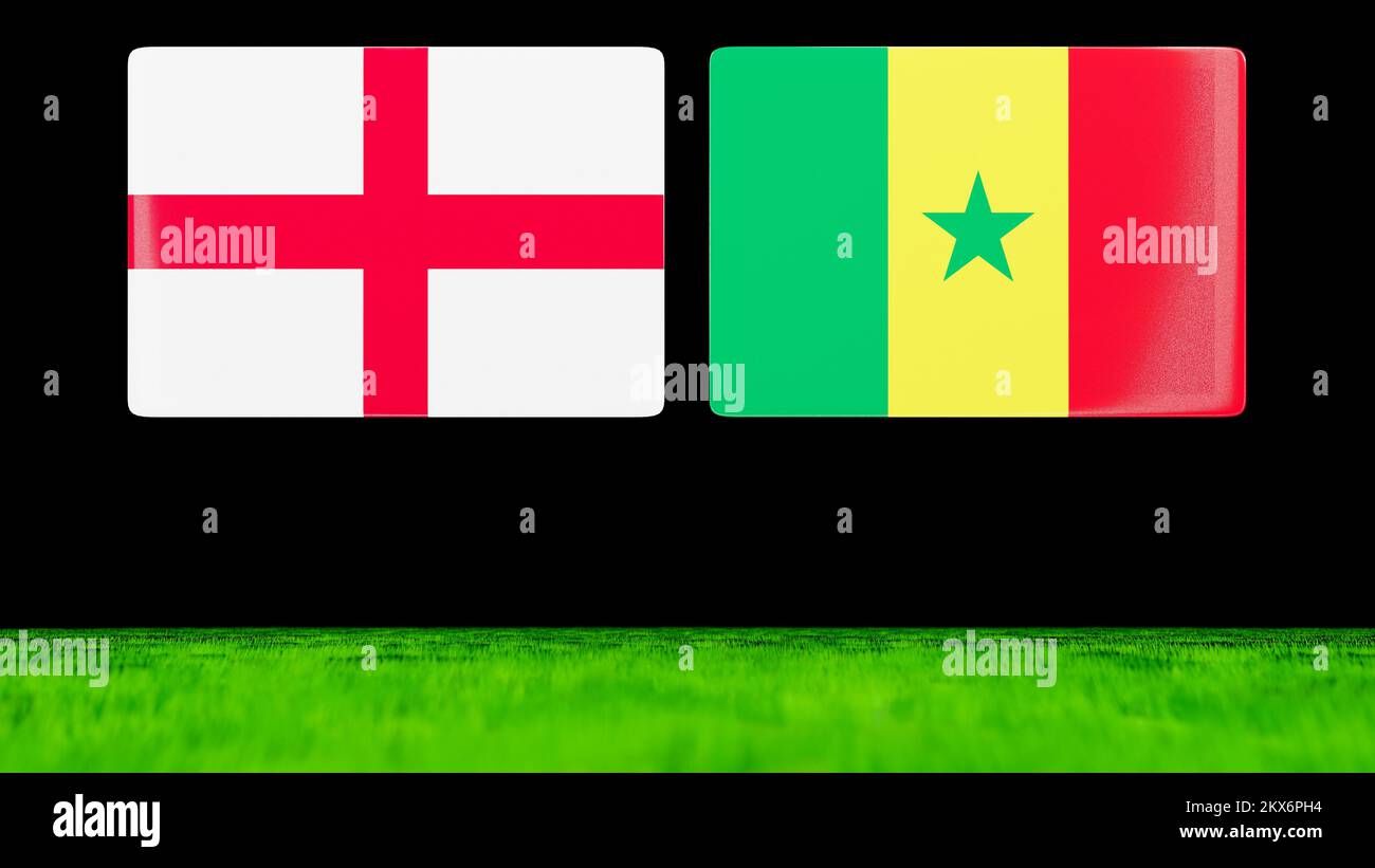 Nationalflaggen von England und Senegal als glänzende Karten, die über einem grünen Feld schweben. 3D-Rendern. Stockfoto