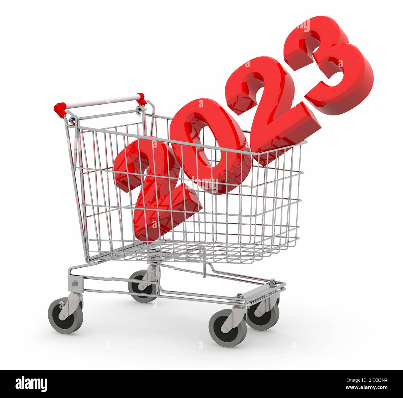 2023 Innenseite des Warenkorbs aus Metall, 3D Abbildung Stockfoto