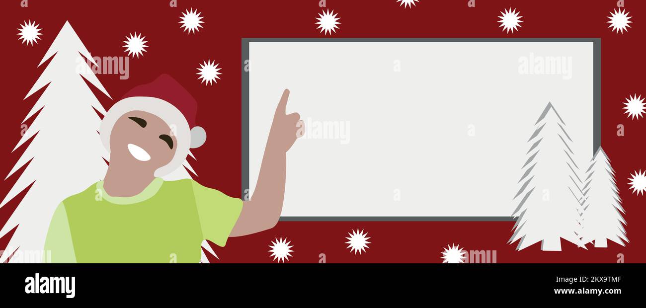 Ein Kind zeigt auf ein Werbebanner mit einem Text auf rotem Hintergrund mit Weihnachtsbäumen und Schneeflocken. Weihnachten oder Neujahr zurück Stock Vektor