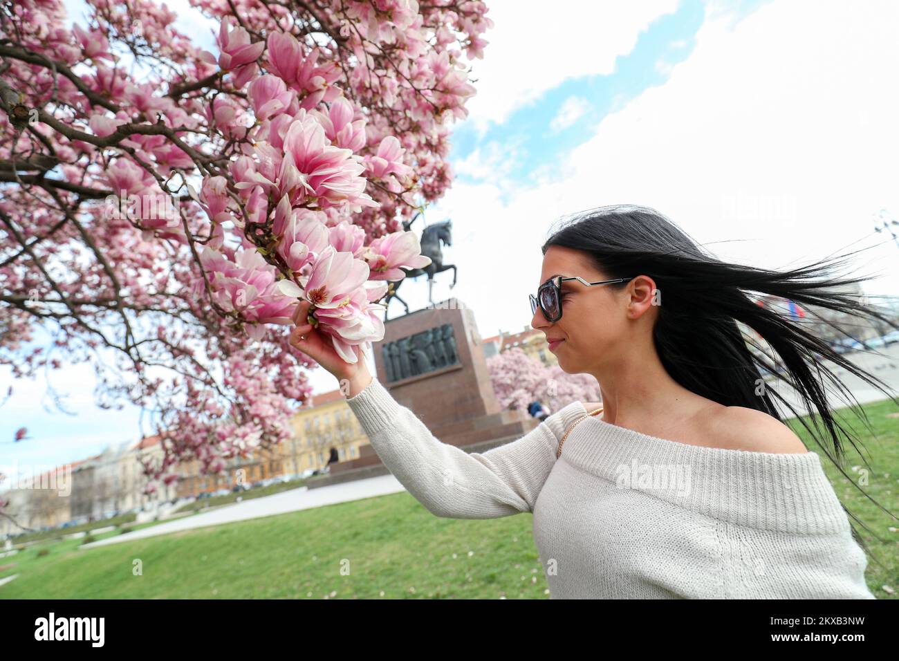 20.03.2019., Zagreb - der Magnolienbaum auf dem Königsplatz Tomislav zieht weiterhin eine große Aufmerksamkeit der Passanten an. Also nutzte Lara aus Pula mit ihrer Freundin direkt nach der Ankunft in Zagreb eine schöne Zeit, um den Moment mit diesem wunderbar blühenden Baum zu verewigen. Foto: Sanjin Strukic/PIXSELL Stockfoto