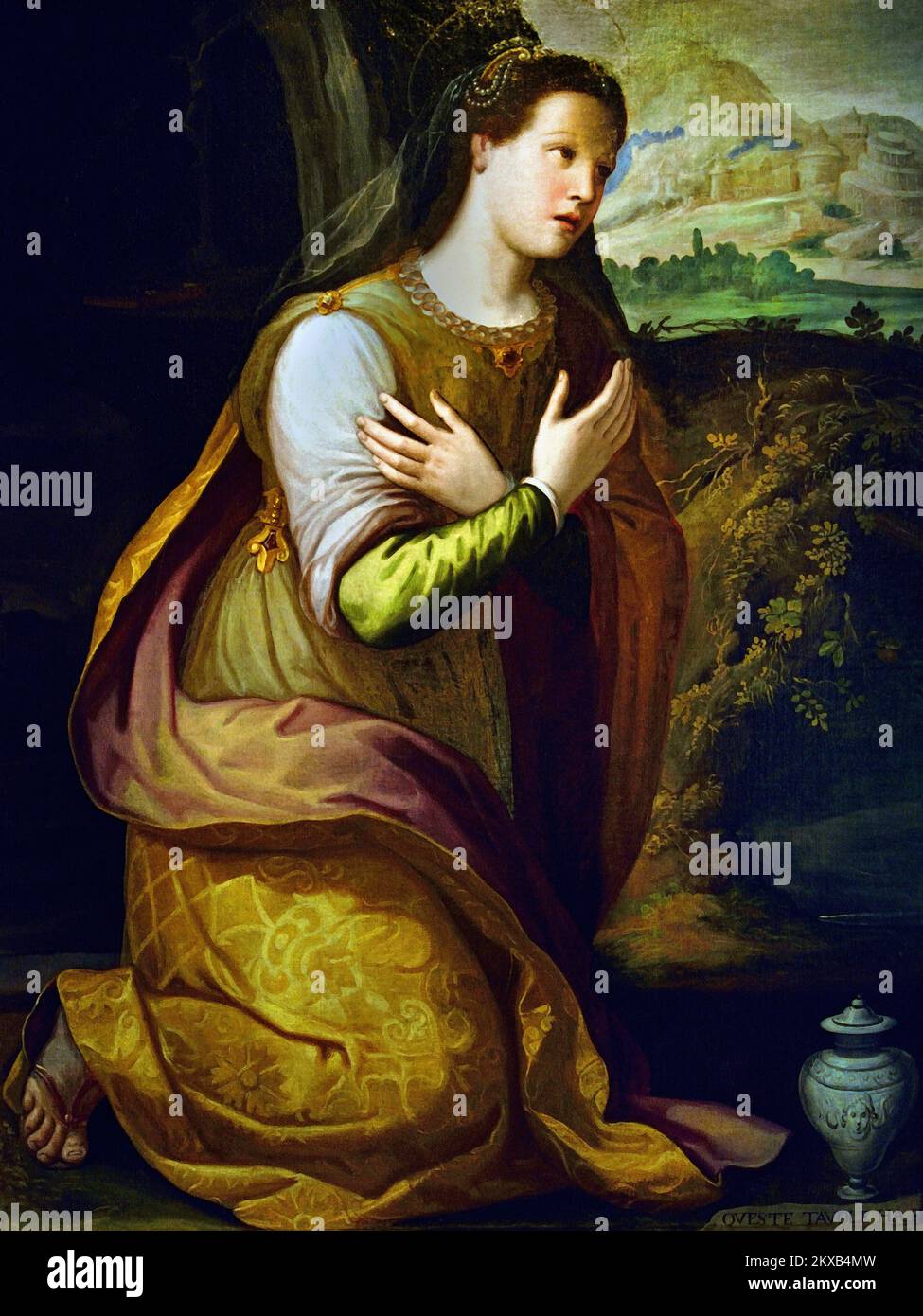Heilige Maria Magdalena, Madeleine, Gebete, von einem ANONYMEN Maler Italien, Italienisch, 16. Jahrhundert, Mary Magdalene ist eine Frau in allen vier Evangelien des Neuen Testaments. Sie wurde eine treue Anhängerin Jesu, nachdem er sie von sieben Dämonen befreit hatte.) Stockfoto