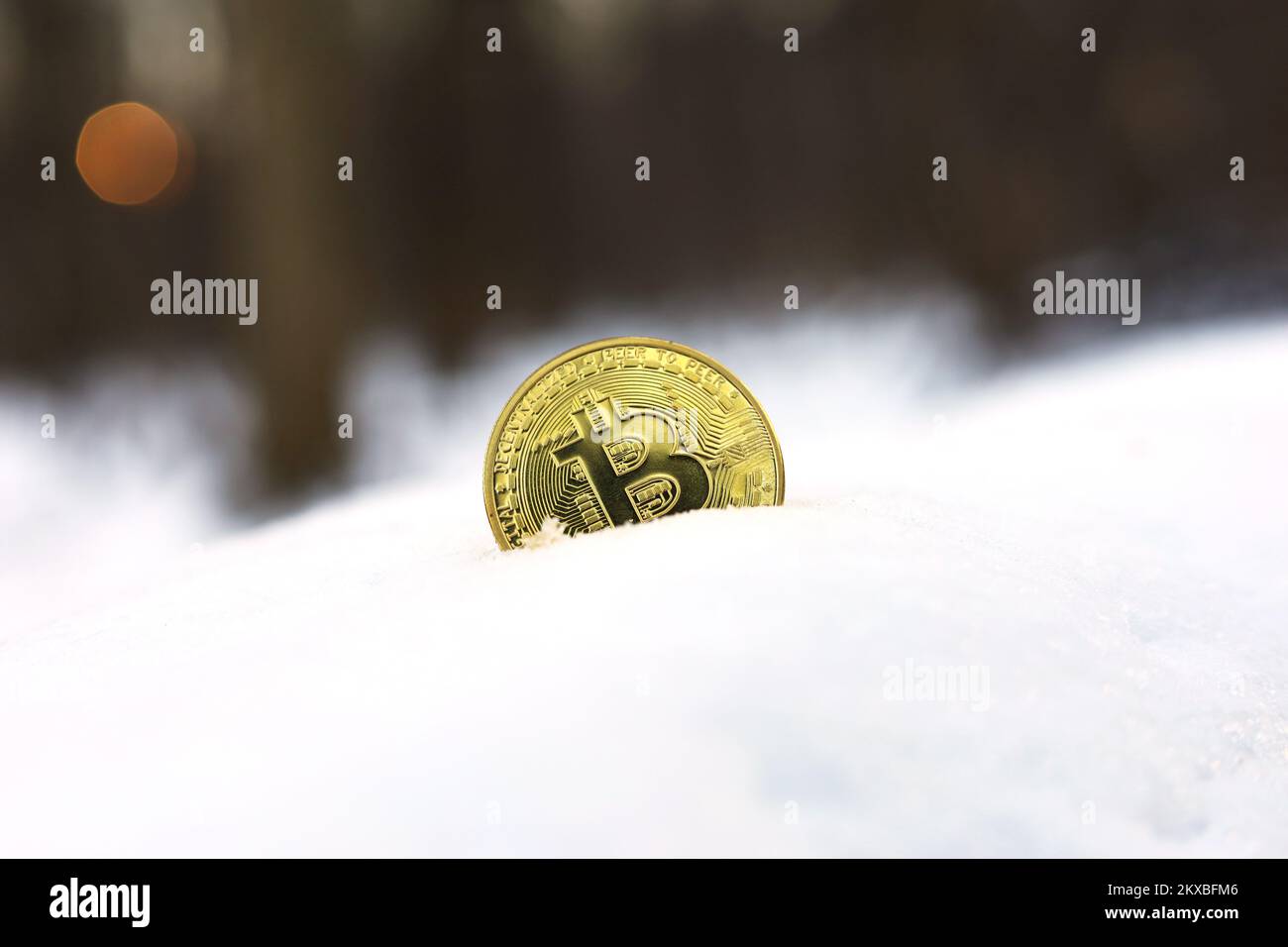 Bitcoin auf einer Schneeverwehung im Winterwald. Elektronisches dezentralisiertes Geld, fallender oder eingefrorener Kurs der Kryptowährung Stockfoto