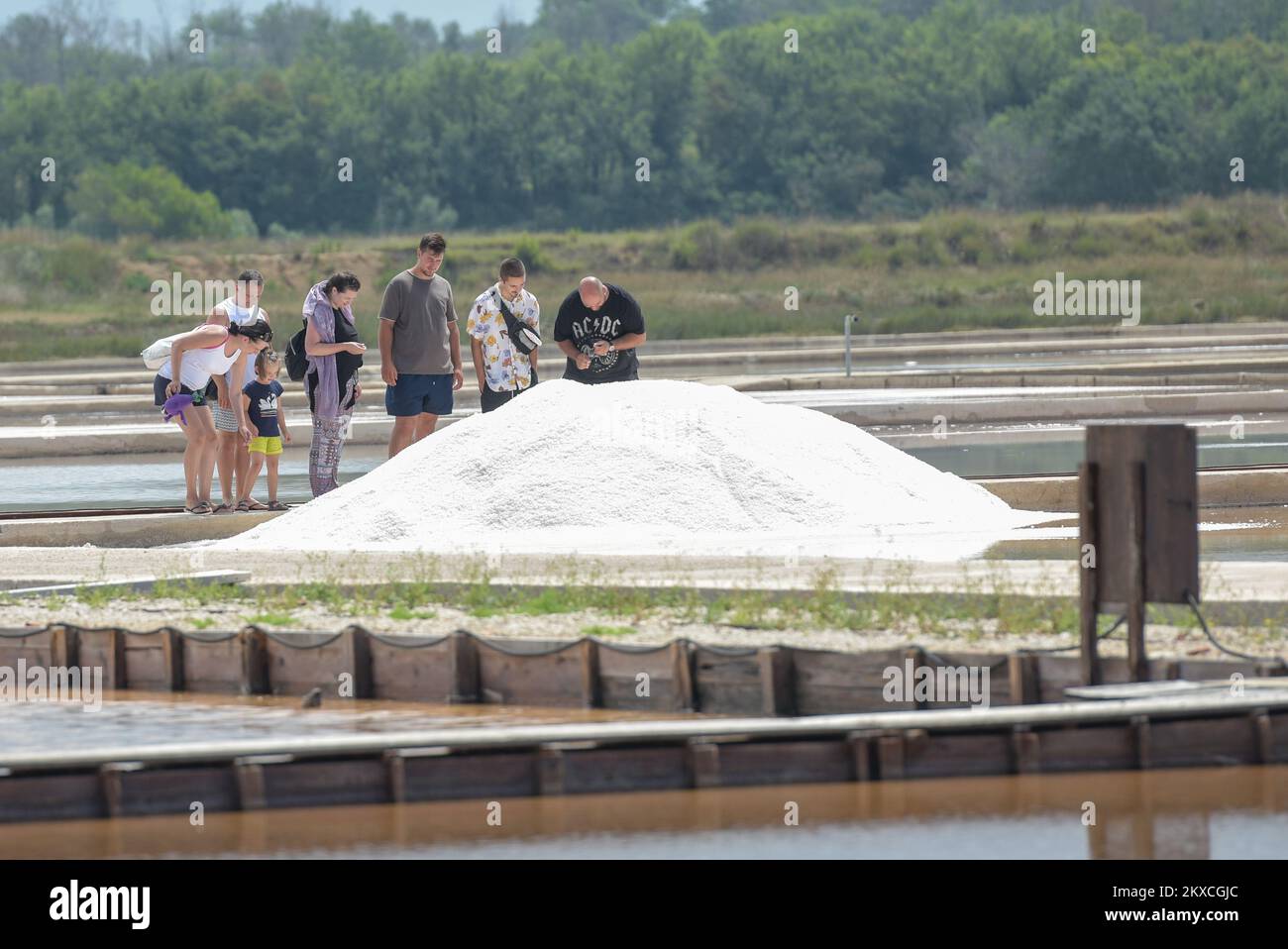 02.08.2019., Nin, Kroatien - Solana Nin öffnet ihre Türen für alle Besucher. Mit kostenlosem Eintritt können Sie sich die Salzfelder ansehen und sich über den Prozess und die Phasen ihrer Entstehung informieren. Mit offenen Armen erwartet Sie eine Fülle von Flora und Fauna, wo Sie die Möglichkeit haben, mehr als 250 verschiedene Vogelarten, Krabben und viele Pflanzensalzwüste zu beobachten, die nur für Peloidböden spezifisch sind. Foto: Dino Stanin/PIXSELL Stockfoto