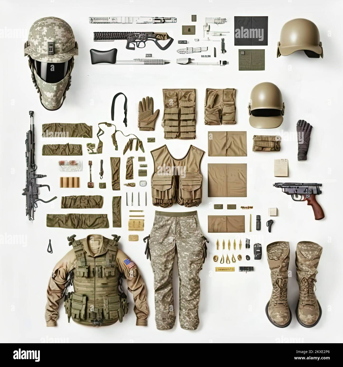 Knurrendes, flach liegendes Bild von amerikanischer Soldatenausrüstung mit Uniform und Helm. Waffen mit Suchern, kugelsichere Weste, Munitionsmagazie Stockfoto