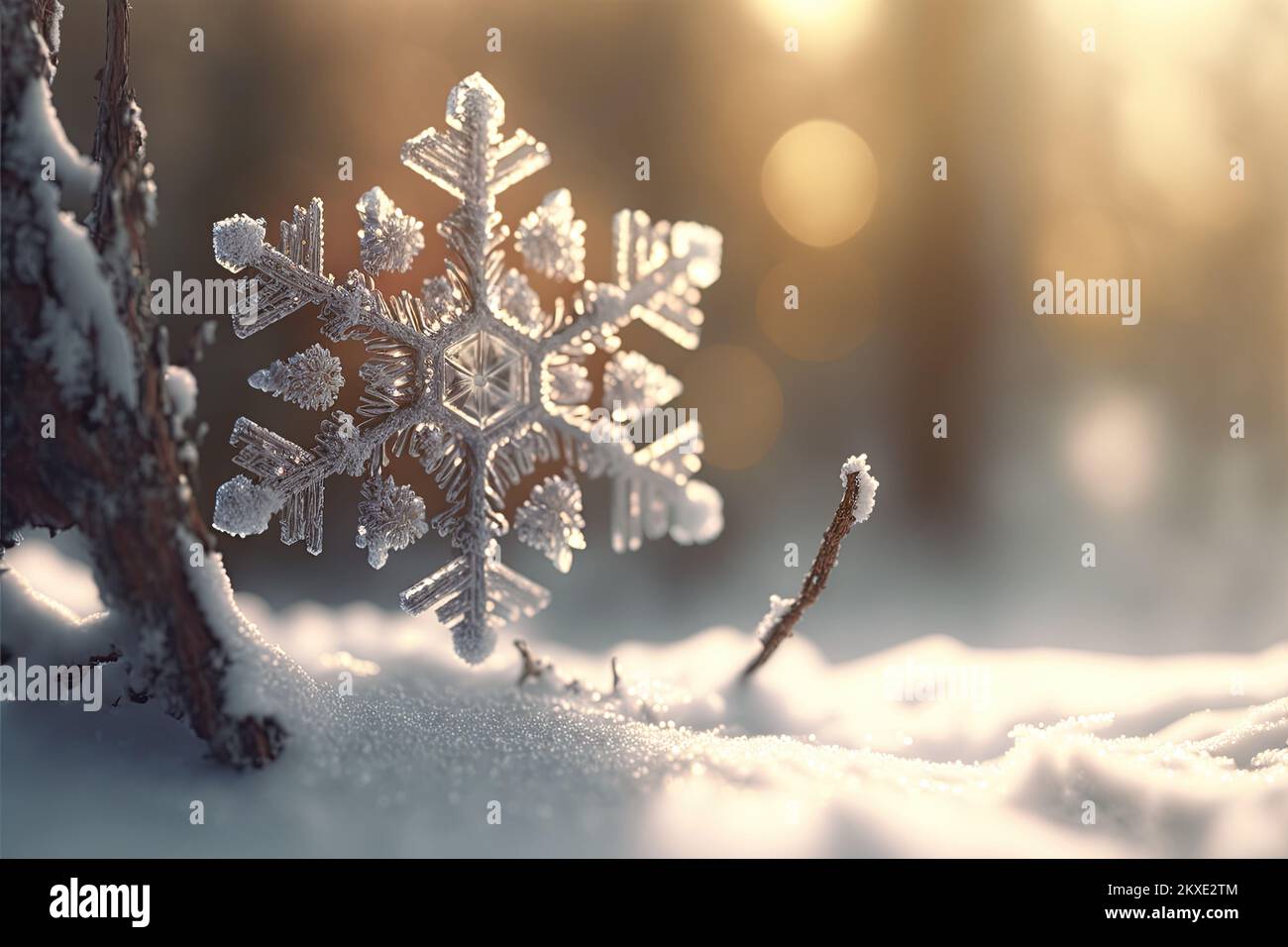 Extreme Nahaufnahme einer Schneeflocke bei Sonnenuntergang in einer Winterumgebung mit Schneeflocke. Schneebedeckte Kiefern in Berggebieten mit dem Schnee des Winters. 3D krank Stockfoto