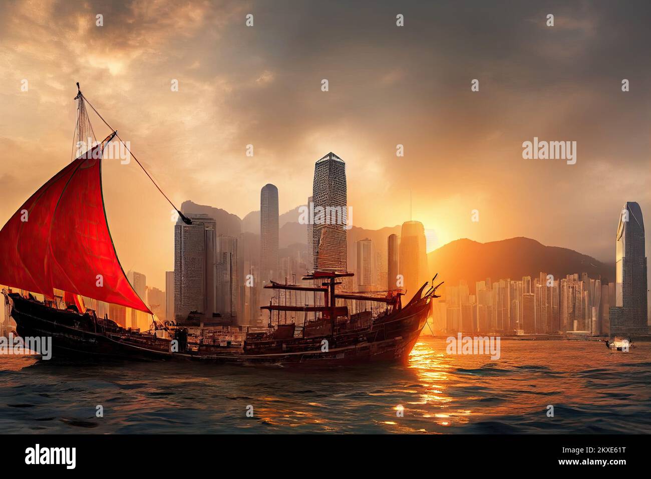 Ein rotes Segelboot, das bei Sonnenuntergang durch Hongkongs Wolkenkratzer-Prozessionen segelt. 3D Abbildung. Stockfoto