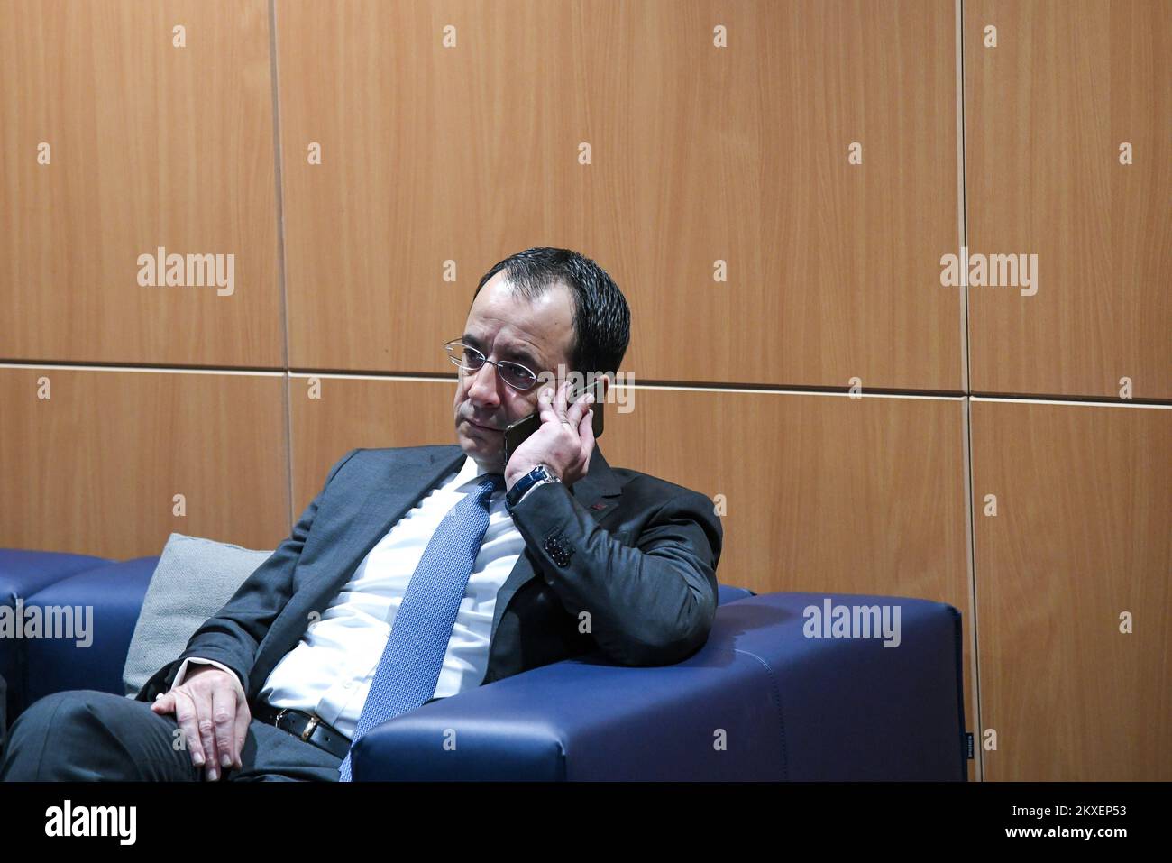 Außenminister Zyperns Nikos Christodoulides während des informellen Treffens der EU-Außenminister (Gymnich) und des Rates für auswärtige Angelegenheiten in der Nationalen Bibliothek und der Universitätsbibliothek am 6. März 2020 in Zagreb (Kroatien). Foto: Josip Regovic/PIXSELL/EU2020HR Stockfoto