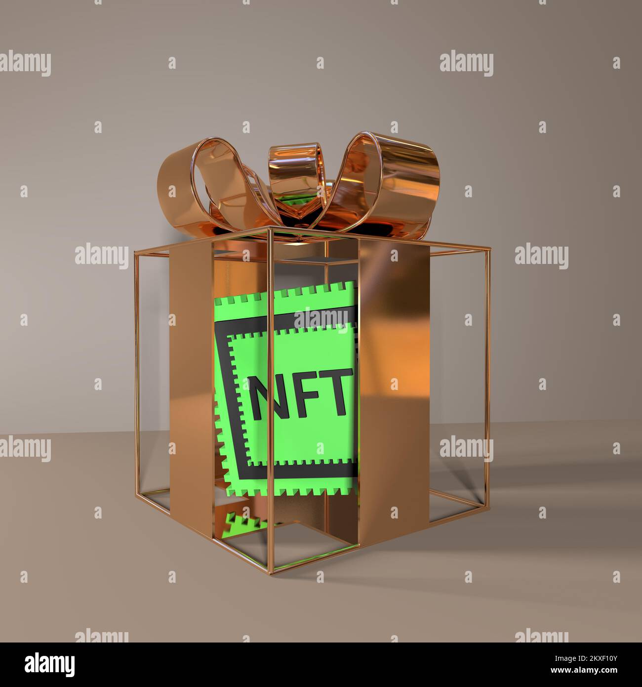 NFT-Bonus. NFT-Geschenk in einer Geschenkbox. 3D-Rendering Stockfoto