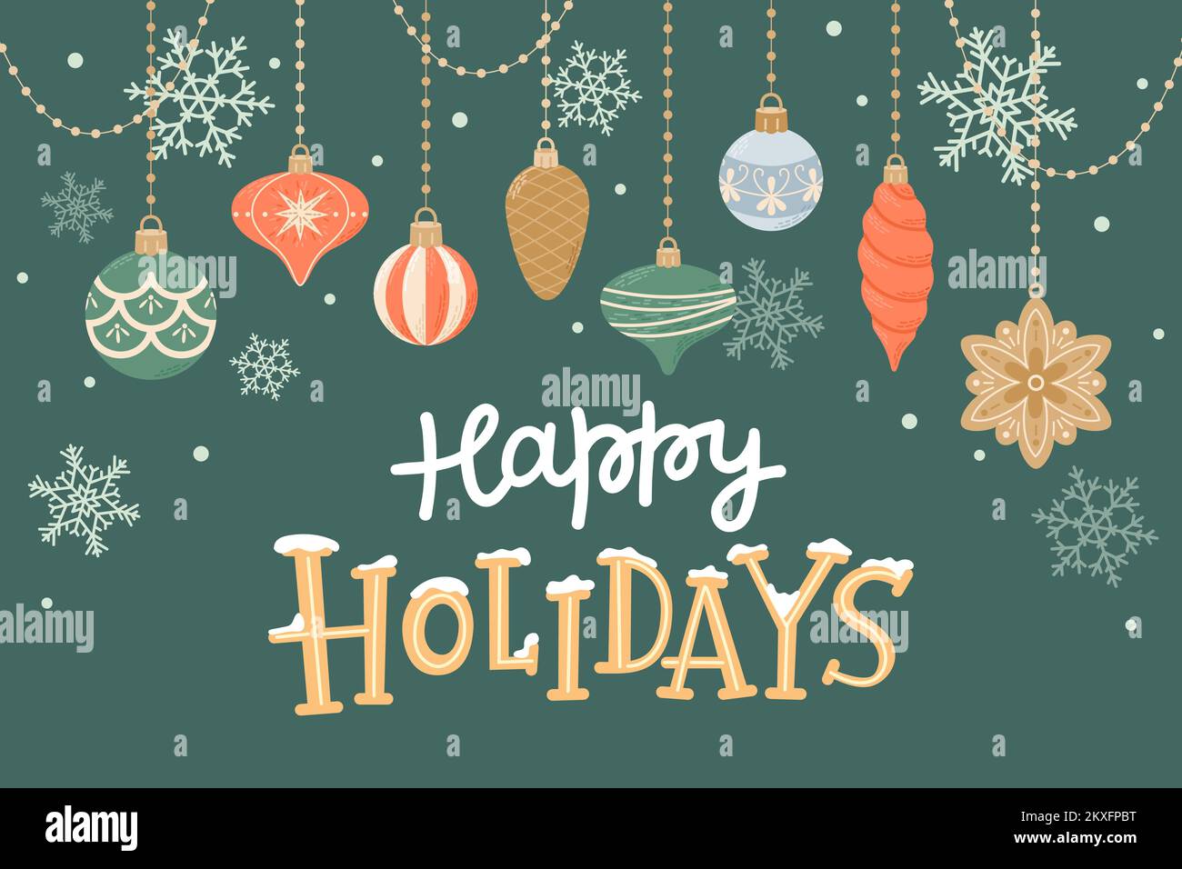 Frohe Feiertage, Grußkarte mit niedlichen Dekorationen und handgezeichneten Buchstaben. Vektordarstellung im flachen Cartoon-Stil Stock Vektor
