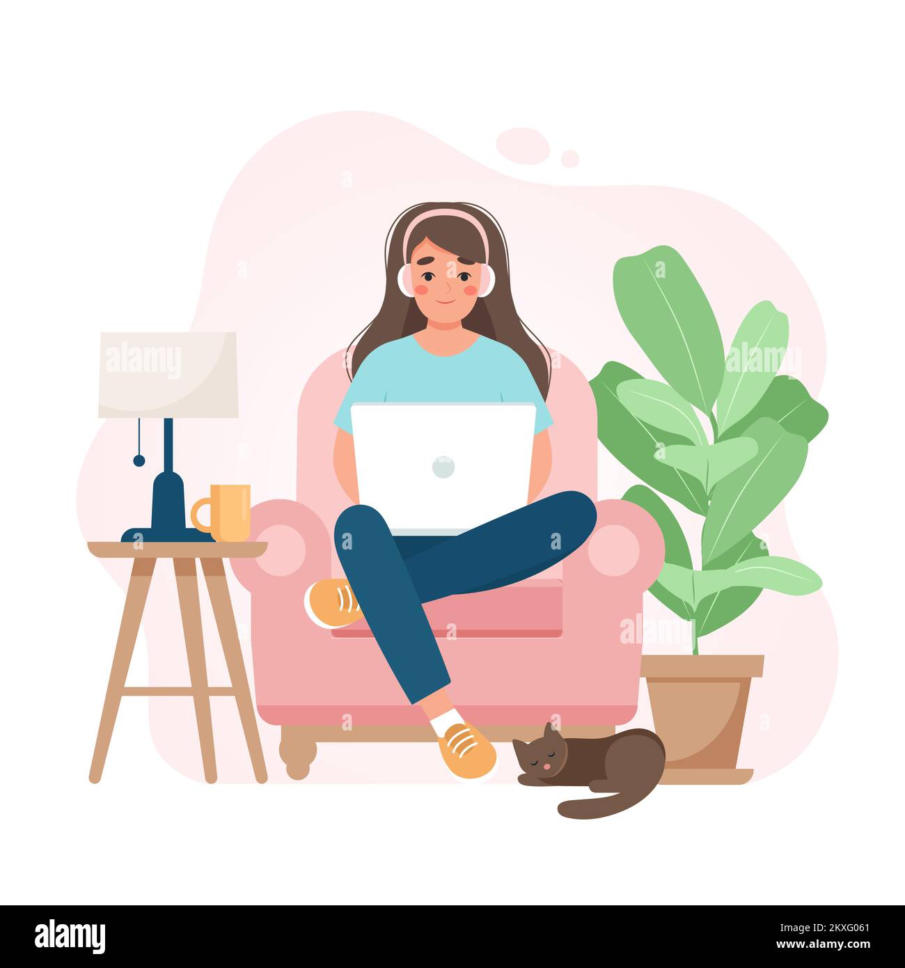 Arbeiten von zu Hause aus Konzept, Frau auf einem Stuhl mit Laptop, Student oder Freiberufler. Niedliche Vektor-Illustration in flachem Stil Stock Vektor