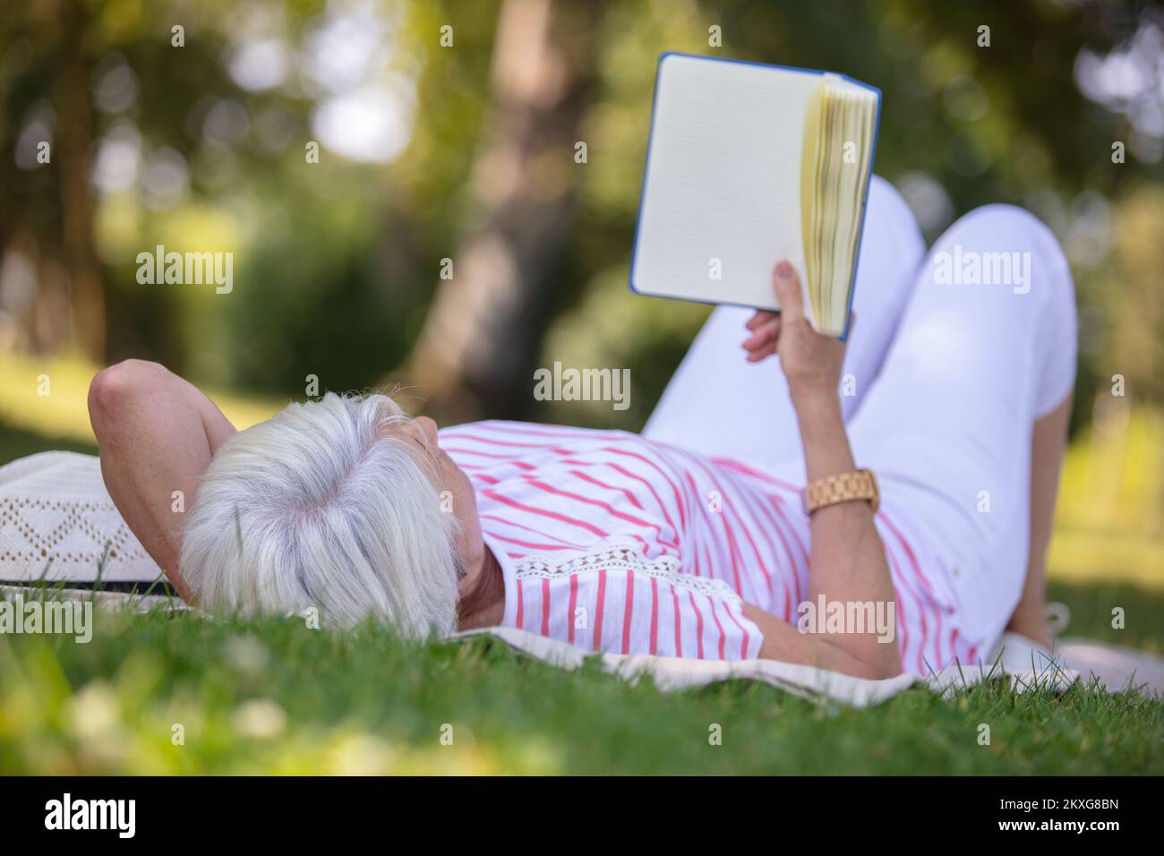 Ältere Frau mit Buch auf dem Gras Stockfoto