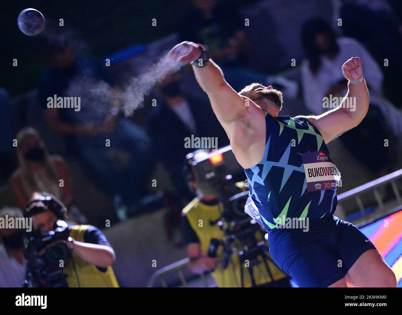 Konrad Bukowiecki aus Polen tritt bei der IAAF World Challenge Zagreb 2020 - 70 im Men's Shot Put an. Boris Hanzekovic Memorial im Universitätspark am 14. September 2020 in Zagreb, Kroatien. Foto: Marko Prpic/PIXSELL Stockfoto