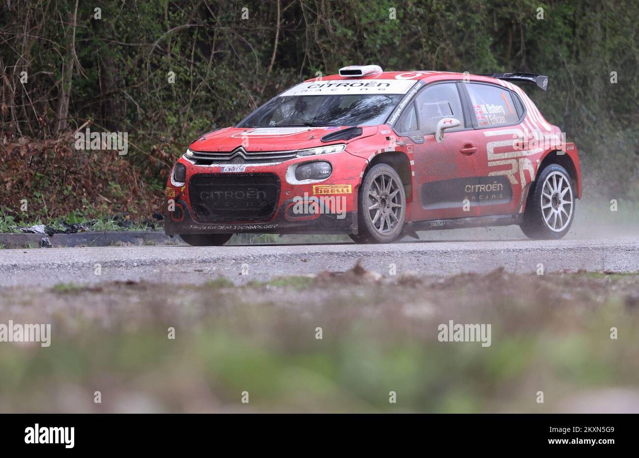 Mads Ostberg (Norwegen) und Torstein Eriksen (Norwegen) während der Schulung im Vorfeld der WRC Kroatien 2021, Laz Bistricki, Marija Bistrica (Kroatien) am 19. April; 2021. Foto: Matija Habljak/PIXELL Stockfoto