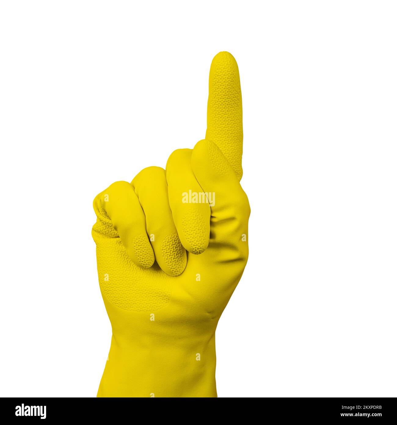 Der Zeigefinger wird von einer Hand mit einem gelben Gummihandschuh angehoben Stockfoto