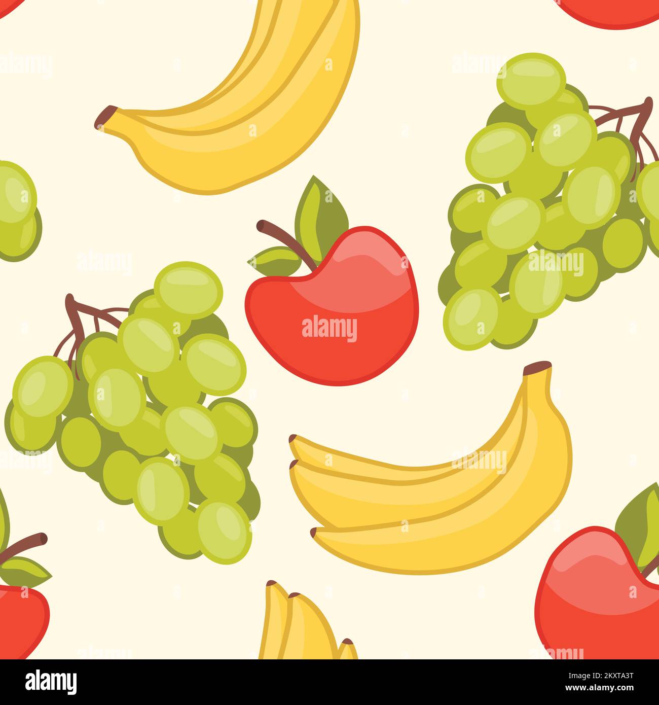 Cartoon-Bananen, Trauben und Äpfel, nahtloses Muster Stock Vektor