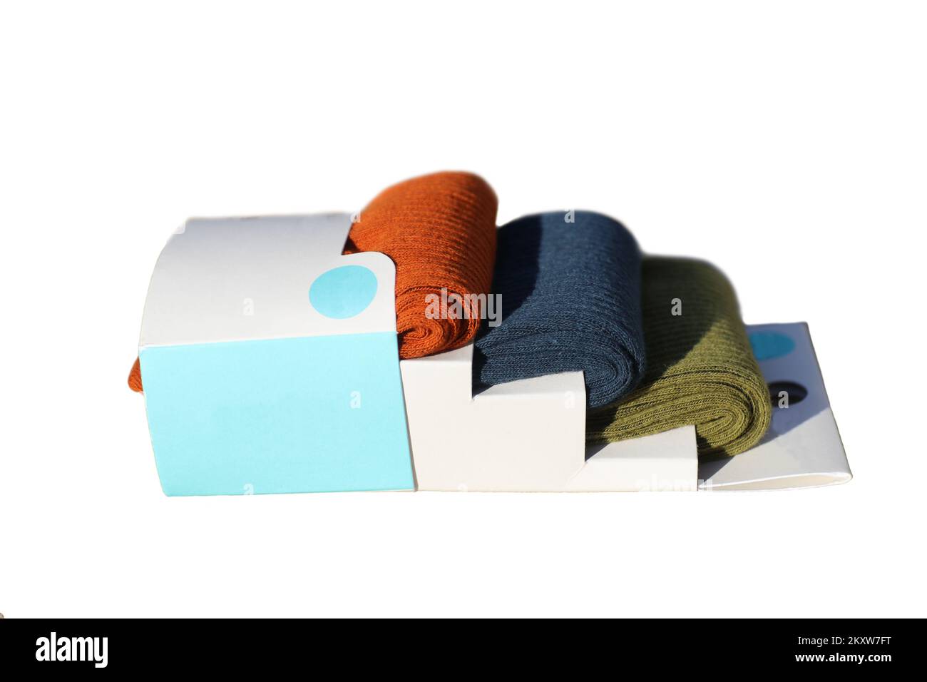 Ein Set mehrfarbige Männersocken in einer Pappschachtel Stockfoto