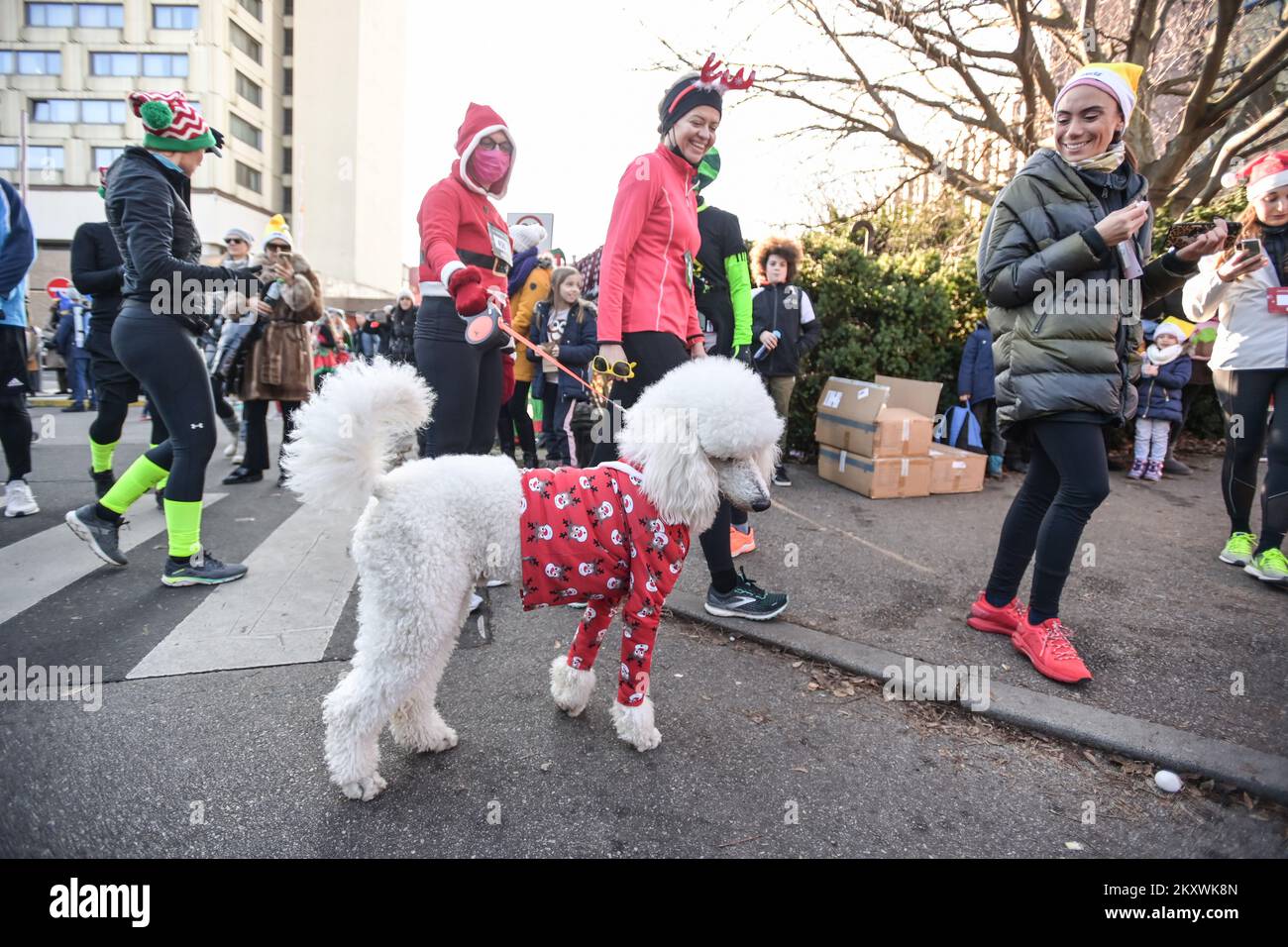 Ein Hund im Weihnachtsmantel nimmt am 12. Dezember 2021 an einem Adventslauf in Zagreb, Kroatien, Teil. Foto: Igor Soban/PIXSELL Stockfoto