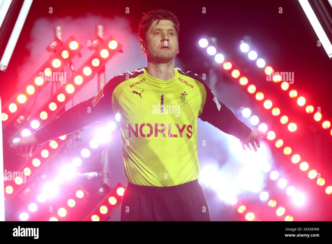 Torhüter Niklas Landin Jacobsen aus Dänemark wird am 24. Januar 2022 in Budapest, Ungarn, vor dem Euro 2022-Hauptrundungsspiel der Herren-EHF DER Gruppe 1 zwischen Dänemark und den Niederlanden auf der MVM DOME vorgestellt. Foto: Sanjin Strukic/PIXSELL Stockfoto