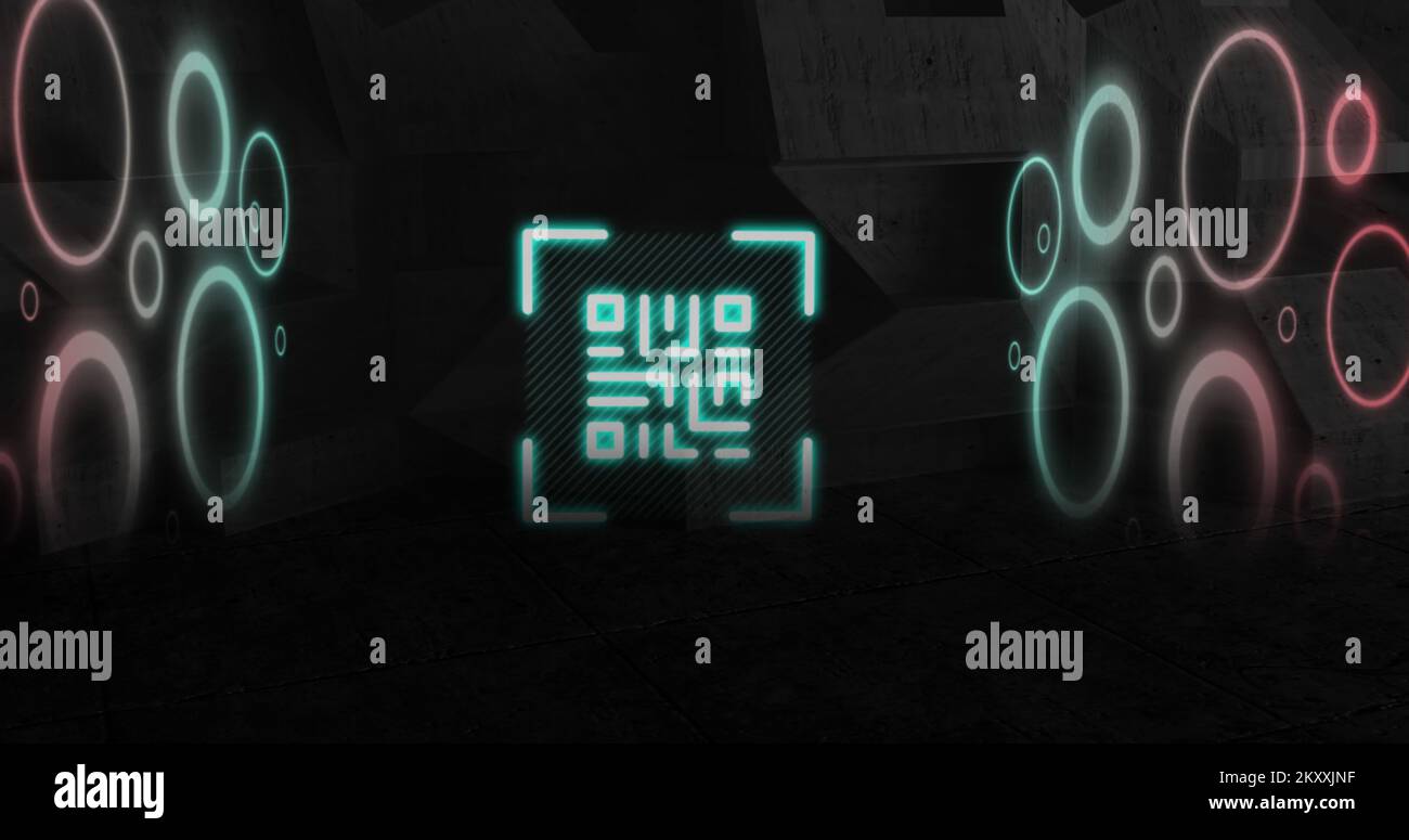 QR-Code-Scanner mit Neon-Elementen vor schwarzem Hintergrund Stockfoto