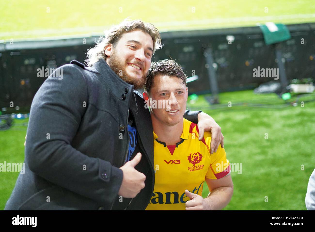 Kyle Schneider – Scotland Rugby League Hooker trifft nach Schottlands Niederlage gegen Australien im Jahr 84 auf Fans. Schreiben Sie Penallta Fotos zu Stockfoto