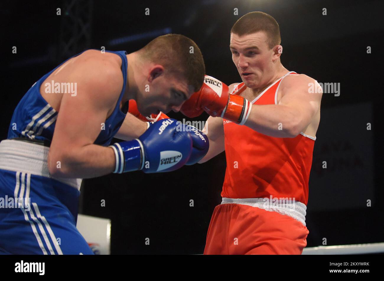 Jack Michael Marley aus Irland (rot) kämpft am 23. März 2022 in Porec (Kroatien) bei der EUBC U22 European Boxing Championships Heavyweight (86-92kg) in der Intersport Hall gegen Roberto Lizzi aus Italien (blau). Foto: Sasa Miljevic/PIXSELL Stockfoto