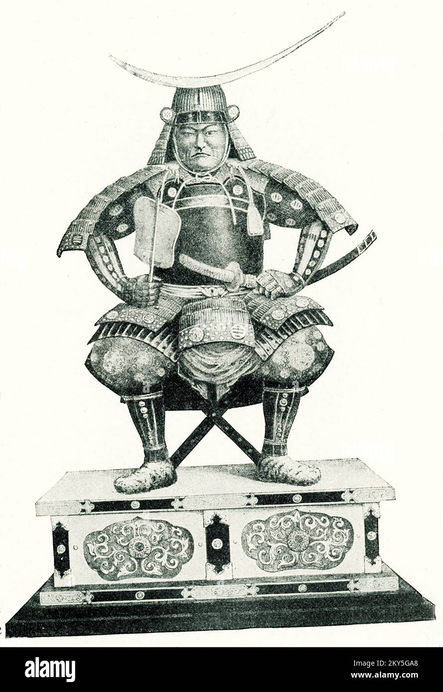 Diese Abbildung zeigt: „Date Masamune (1566-1636). Lebensgroße, farbige hölzerne Statue im Zuiganji-Tempel in Matsushima bei Sendai. Japanischer Holzschnitt.“ Date Masamune war bis Anfang Edo ein regionaler Herrscher der japanischen Azuchi-Momoyama-Periode. Erbe einer langen Reihe mächtiger daimyō in der Region Tōhoku, entdeckte er die moderne Stadt Sendai. Stockfoto