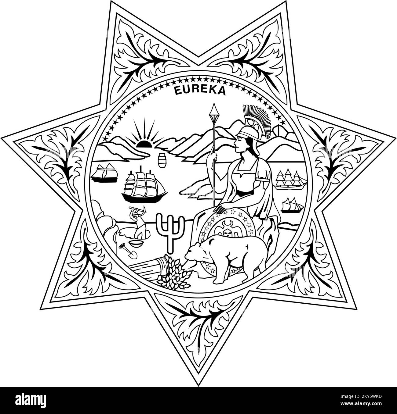 California State Seal mit 7-poligem Sheriff Star Black Line Art scharfes, sauberes und gestochen scharfes Bild Stockfoto