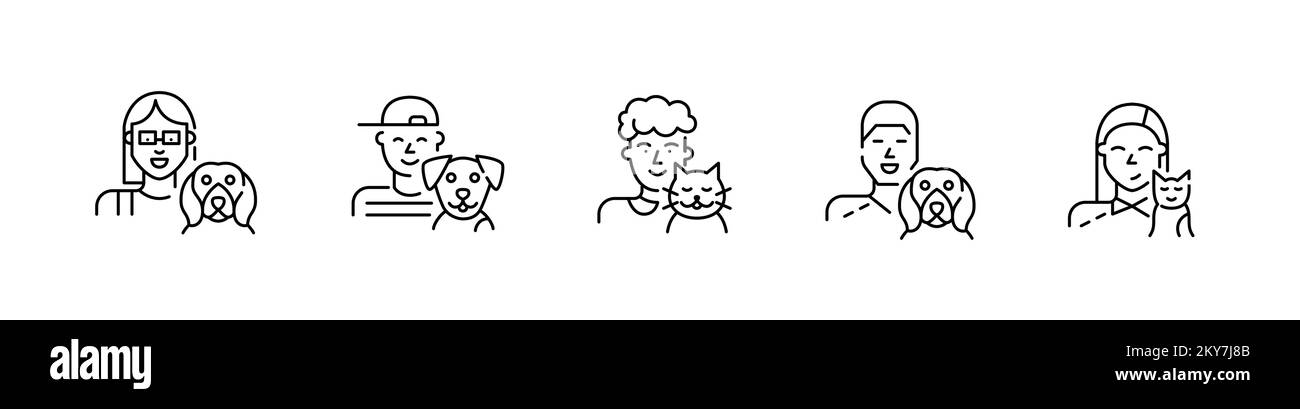 Katzen- und Hundebesitzer. Teenager und Erwachsene. Pixelgenauer, bearbeitbarer Liniensatz Stock Vektor