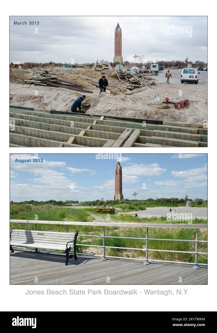 Jones Beach State Park, N. Y., Aug. 14, 2013 New York State Office of Parks, Recreation & Historic Preservation erhielt $2,4 Millionen Dollar an öffentlicher Unterstützung von der Federal Emergency Management Agency für Reparaturen an der 3 Meilen langen Promenade. Im Winter wurden die schwer beschädigten Promenade am Jones Beach repariert, um sie für die Sommersaison vorzubereiten. K.C.WILSEY/FEMA. New York Hurrikan Sandy. Fotos zu Katastrophen- und Notfallmanagementprogrammen, Aktivitäten und Beamten Stockfoto