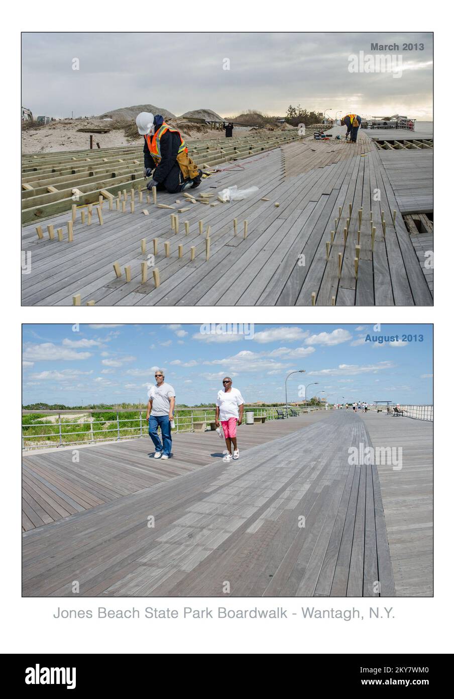 Jones Beach State Park, New York, 14. August 2013 New York State Office of Parks, Recreation & Historic Preservation erhielt $2,4 Millionen Dollar an öffentlicher Unterstützung von der Federal Emergency Management Agency für Reparaturen an der 3 Meilen langen Promenade. Im Winter wurden Arbeiten zur Reparatur der stark beschädigten Promenade durchgeführt, um sie für die Sommersaison vorzubereiten. K.C.WILSEY/FEMA. New York Hurrikan Sandy. Fotos zu Katastrophen- und Notfallmanagementprogrammen, Aktivitäten und Beamten Stockfoto