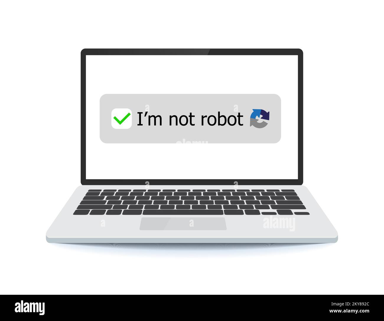 Ich bin kein Roboter-Check auf der Arbeit an einem Laptop. Captcha, ich bin kein Roboter-Computer-Code auf einem Laptop. Stock Vektor
