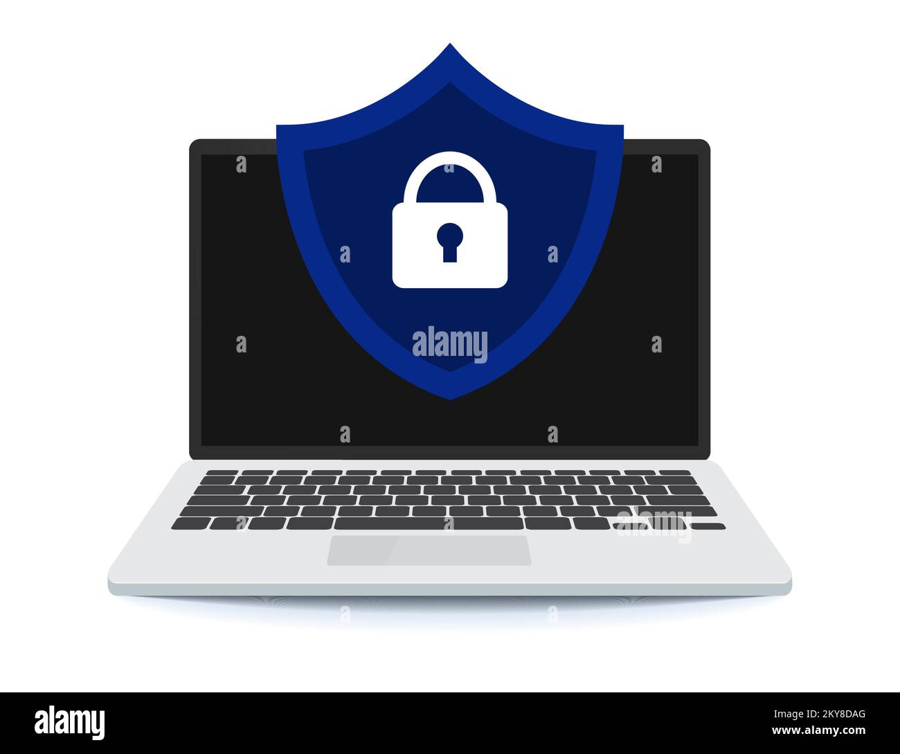 Datenschutzkonzept auf Laptop. Schild mit Schloss am Computer. Laptop und Schild-Symbol mit Schloss. Stock Vektor